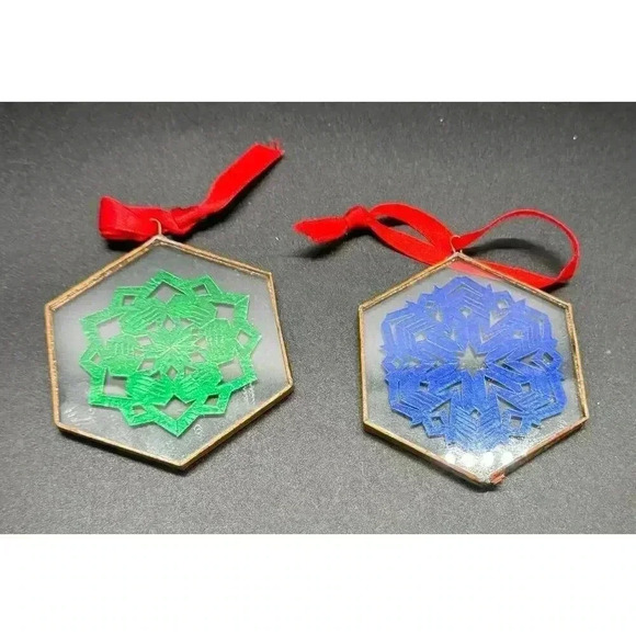 2 Vintage Glass Christmas Ornaments Hexagon shaped foil snowflake copper edge - Picture 1 of 9